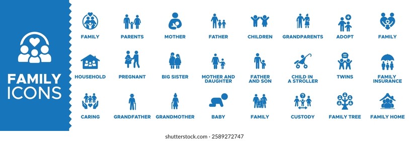 Family icon set. Family icons set or pack, Containing parents, mother, father, children, baby, grandparents and household icons. Solid icon collection. Vector illustration.