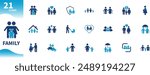 Family icon. Set of icons for people, children, parents, grandparents, elders, couples, pregnant mothers. Solid vector icons collection