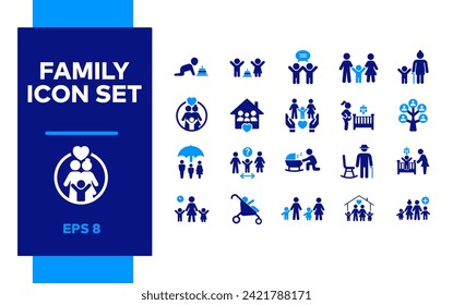 Family icon set. Mother and baby, Baby Kneeling, Stroller dad sleeping kid, Happy Love Care Home, Family relationship. Parent control. Child Care Custody, Family insurance is protected under umbrella.