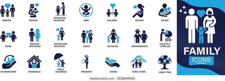 Family icon set. parents, mother, father, children, baby, grandparents .You can easily change the color