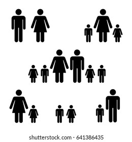 Family icon set. Posture stick figure. Vector illustration of standing man and woman symbol sign pictogram on white