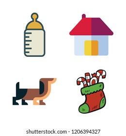 family icon set. vector set about house, dog, christmas sock and feeding bottle icons set.