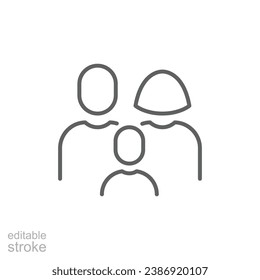 Family icon. Simple outline style. Parents and child, father, mother, kid, couple, together concept. Thin line symbol. Vector illustration isolated. Editable stroke.