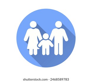 Familiensymbol, flaches Design der Vektorgrafik mit langem Schatten. Illustriert ein Trio von Figuren, Mutter, Vater und Kind, Hand in Hand, in einem blauen Kreis gesetzt.