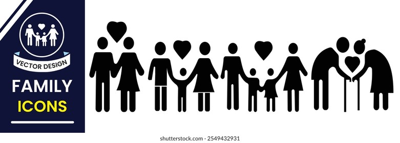 Family icon, vector set. Silhouette of family icon, sign and symbol. Mother, father, children, baby, grandparents and parents icons. Vector illustration.