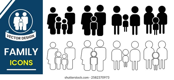 Family icon, vector. Silhouettes of people icon, children, parents, grandparents, elders, couples, pregnant mothers. Human, team, community, friends, population and senior icons. Vector illustration