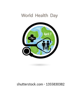 Family icon,Globe sign and stethoscope vector logo design template.World Health Day icon.World Health Day idea campaign concept.Vector illustration