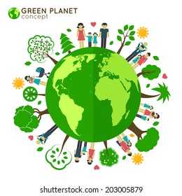 Family icons around the globe green planet ecology concept vector illustration