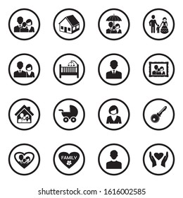 Family Icons. Black Flat Design In Circle. Vector Illustration.