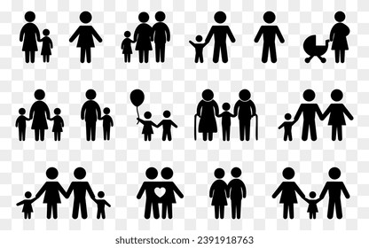 Family icons in black. Parents with children icons. Set of family symbols