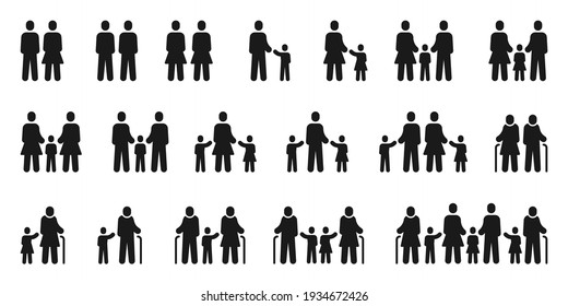 Family icons. Diversity couples and families, traditional, lgbt partners and single parents. Grandparents and children pictograms vector set