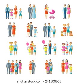 Family icons flat set with married couple children and pets avatars isolated vector illustration