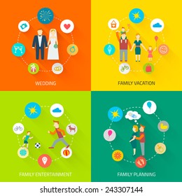 Family icons flat set with wedding vacation entertainment planning isolated vector illustration
