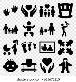 Family icons set. set of 16 family filled icons such as baby, baby walker, son and father, hands holding heart, roundelay