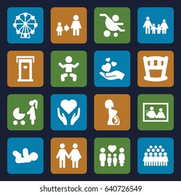 Family icons set. set of 16 family filled icons such as baby, door with heart, son and father, group, hand holding heart, pregnant woman, hand with heart