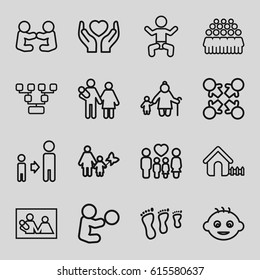 Family icons set. set of 16 family outline icons such as baby, house, son and father, group, hands holding heart, roundelay, mother and son, couple with newborn