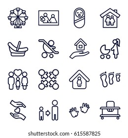 Family icons set. set of 16 family outline icons such as baby food, baby walker, man in home, son and father, hands holding heart, house insurance, roundelay