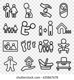 Family icons set. set of 16 family outline icons such as baby food, baby walker, house, son and father, hands holding heart, pregnant woman, house insurance, newborn child