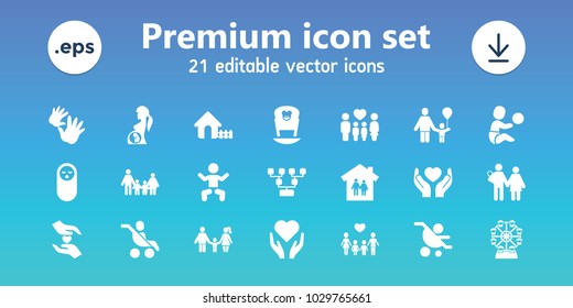 Family icons. set of 21 editable filled family icons includes baby, baby food, house, hand with heart, couple with newborn, hands holding heart, father and son, ferris wheel