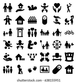 Family icons set. set of 36 family filled icons such as baby, door with heart, baby food, house, son and father, group, hands holding heart, pregnant woman, house insurance