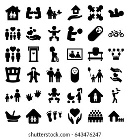 Family icons set. set of 36 family filled icons such as baby, door with heart, house, man in home, son and father, group, hands holding heart, pregnant woman, house insurance