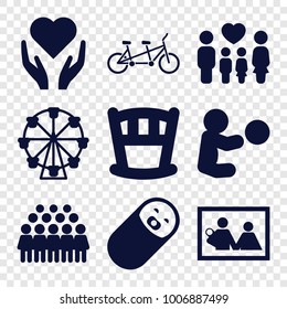 Family icons. set of 9 editable filled family icons such as group, hand with heart, baby bed, baby playing with toy, ferris wheel