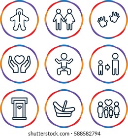 family icons set. Set of 9 family outline icons such as baby, door with heart, baby basket, baby hands, son and father, hands holding heart