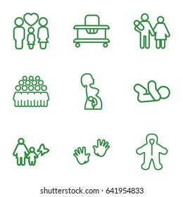 Family icons set. set of 9 family outline icons such as baby walker, baby, baby hands, group, family, pregnant woman, mother and son