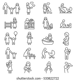 Family, icons set. Baby care, thin line design. Motherhood and fatherhood, linear symbols collection. The interaction of family members, isolated vector illustration.