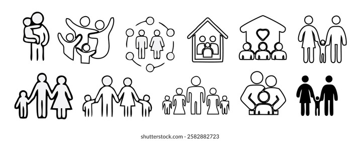 Family icons set. Containing parents, mother, father, children, baby, grandparents and household icons. Vector illustration.