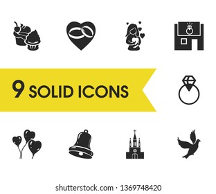 Family icons set with dove, proposal ring and jewellery shop elements. Set of family icons and mother concept. Editable vector elements for logo app UI design.