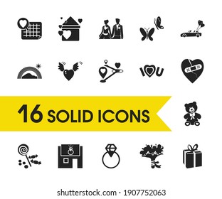 Family icons set with heart with plaster, location heart and proposal ring elements. Set of family icons and moth concept. Editable vector elements for logo app UI design.