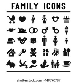 Family icons set: home, love, baby, engagement, wedding signs
