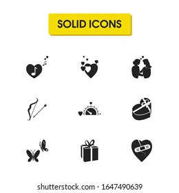 Family icons set with love meter, surprise and heart with plaster elements. Set of family icons and music concept. Editable vector elements for logo app UI design.