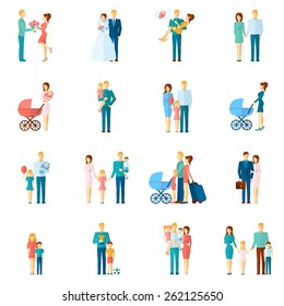 Family icons set with married couple people relationship symbols isolated vector illustration