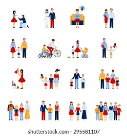 Family icons set with parents kids and other people figures isolated vector illustration