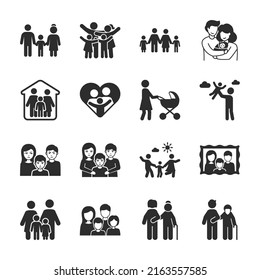 Family icons set. People family members together hurt time. Parents and children. Family values. Monochrome black and white icon.