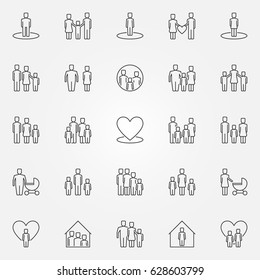 Family icons set - vector parents and children concept symbols or design elements in thin line style