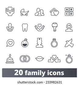 Family Icons: Vector Set Of Home, Love, Baby, Engagement, Wedding Signs. Outline Series.