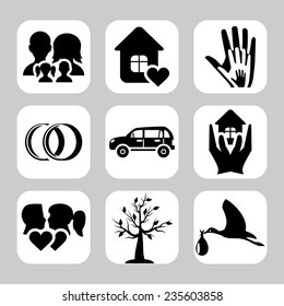 Family icons: vector set of home, love, baby, engagement, wedding signs