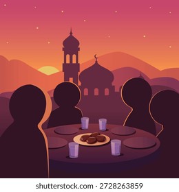 Family Iftar Concept Vector; Group Silhouette Breaking Fast at Sunset with Mosque Backdrop for Social Media Campaigns, Charity Projects, and Cultural Storytelling.