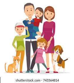 Family Illustration - 5 people and pets in winter 