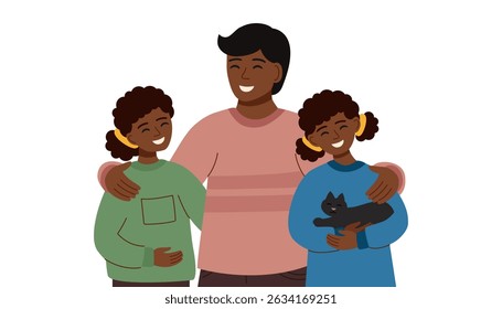Family illustration clipart isolated on white. Father and two daughters and cat. Family concept, fathers day concept. Vector hand drawn illustration in flat style.