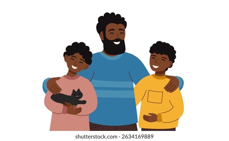 Family illustration clipart isolated on white. Father and sons and cat. Family concept, fathers day concept. Vector hand drawn illustration in flat style.
