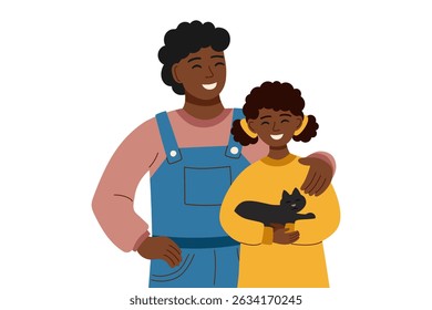 Family illustration clipart on white. Father and daughter with cat. Family concept, fathers day concept. Vector hand drawn illustration in flat style.