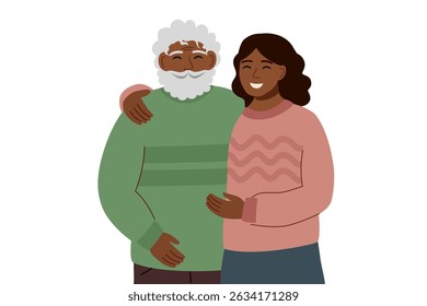 Family illustration clipart on white background. Elderly father and his daughter hug each other. Family concept, fathers day concept. Vector hand drawn illustration in flat style.