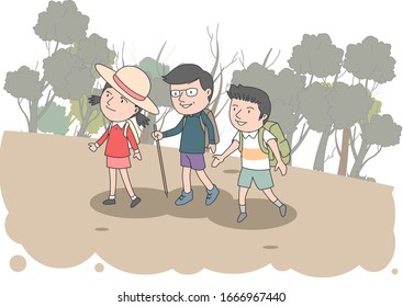 Family illustration with dad, son and daughter climbing together.