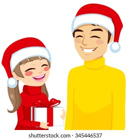 Family illustration of daughter giving or receiving gift from dad on Christmas day