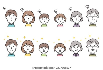 Family illustration facial expression set from worry to happy