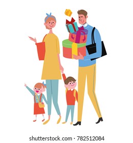 Family illustration with father carrying the gifts.